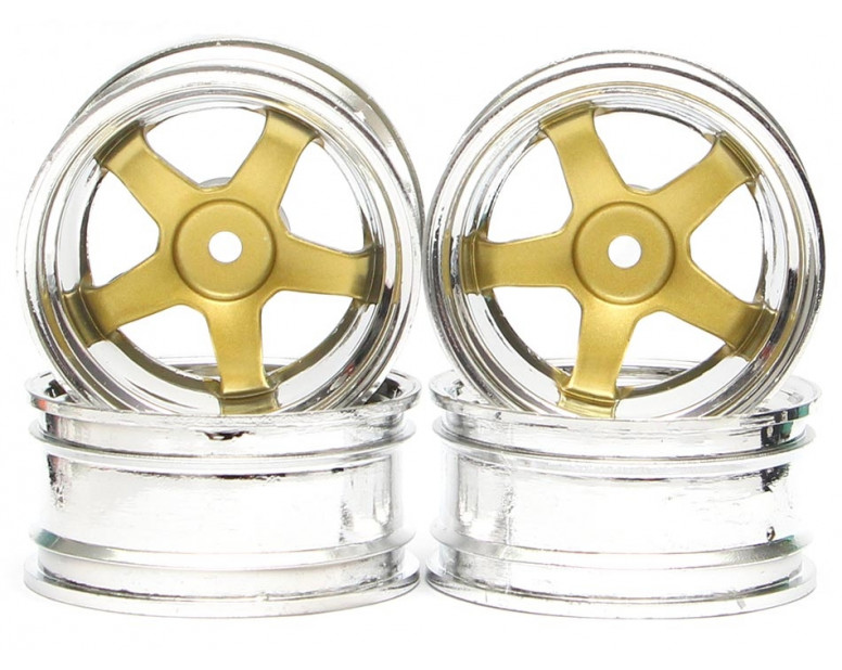 5-Spoke Wheel Set (4Pcs) Chrome + Gold For 1/10 RC Car (3mm Offset)