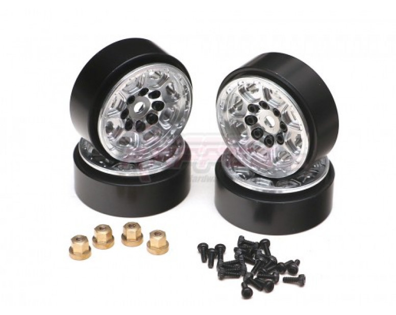 8 Spoke Aluminum + Brass Beadlock Wheels w/ Brass Hubs for 1/24 RC Crawler (4) Silver