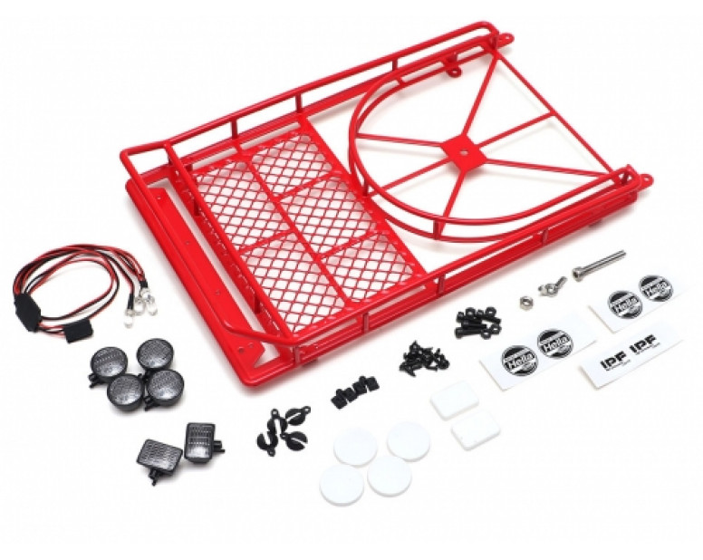 Steel Metal Roof luggage Rack w/ Tire Holder+LED light for SCX10 Wrangler #BR710068 & Cherokee TRC/302206 Body Red